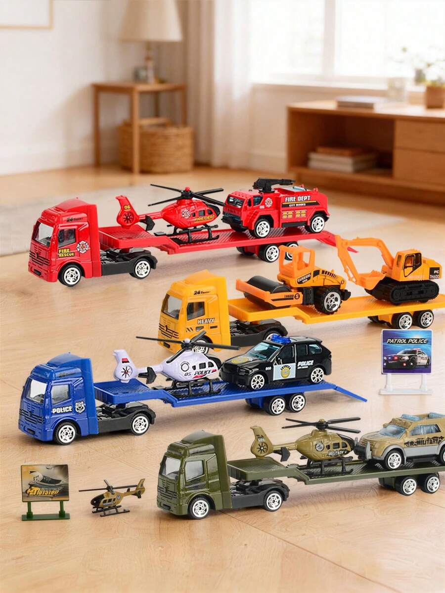 1:64迷你合金塑料拖车玩具车套装，儿童玩具车，工程车模型，男孩女孩礼物，生日礼物。部分配件随机赠送，恕不另行说明。