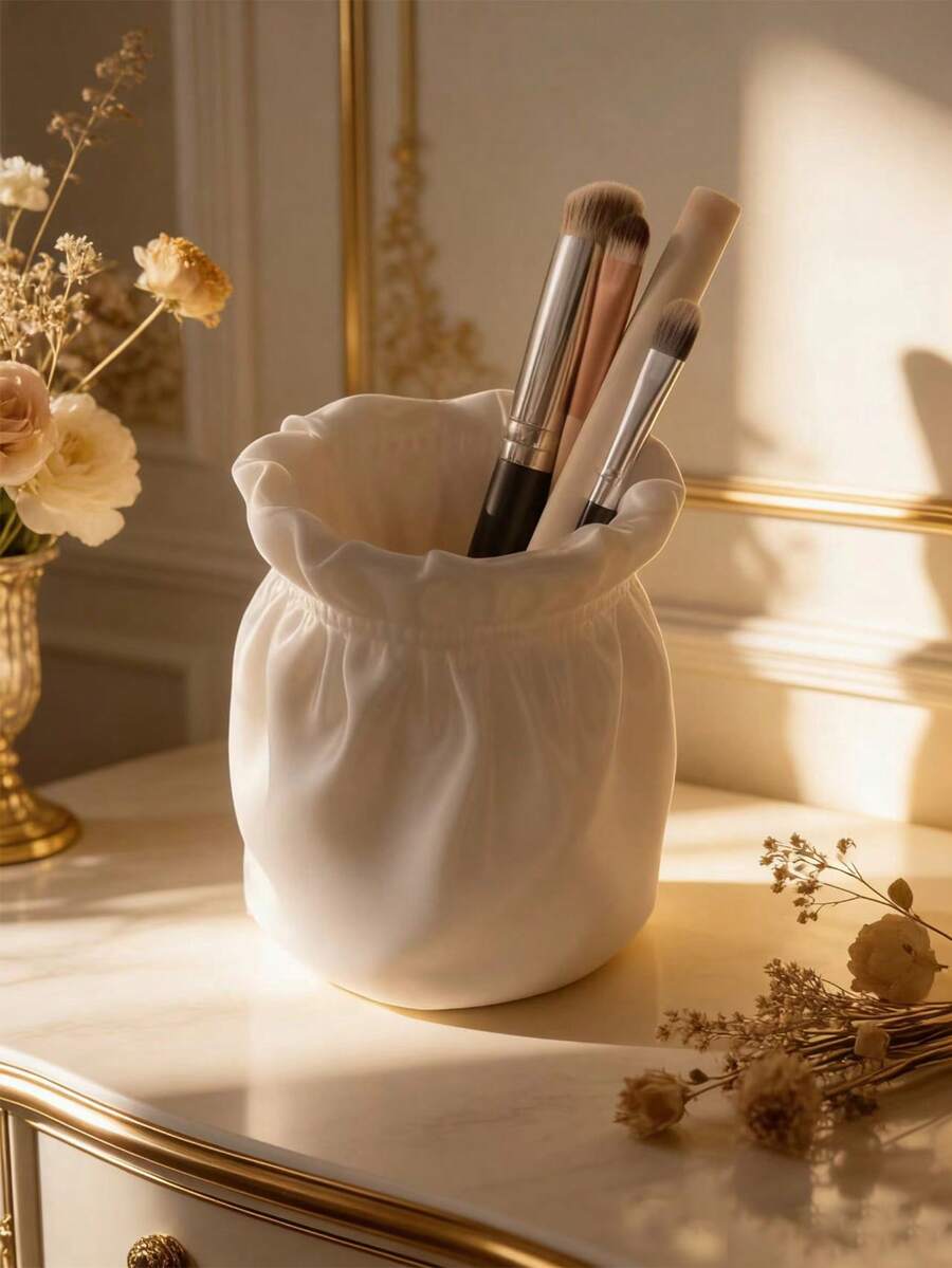 1pc Elegant Silk Fabric Storage Tube, Luxury French Satin Finish Desktop Organizer - Multicolor - View 1