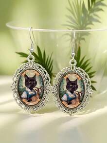 Zodiac Earrings, Dark Gothic Cat-Themed Zodiac Earrings, Birthday Party Gift - Silver - View 7