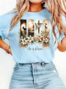 Easter Gift Women's Elegant Style Short Sleeve Easter Religious Theme Printed Pattern Round Neck Women's Comfortable Soft Breathable New Spring Summer - 藍色 - 查看 9