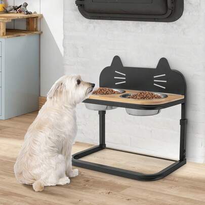  COSTWAY Elevated Pet Feeder With 2 Stainless Steel Bowls, Adjustable Stand For Cats And Small/Medium Dogs, Wooden Frame With Metal Support, 3 Height Settings, Black