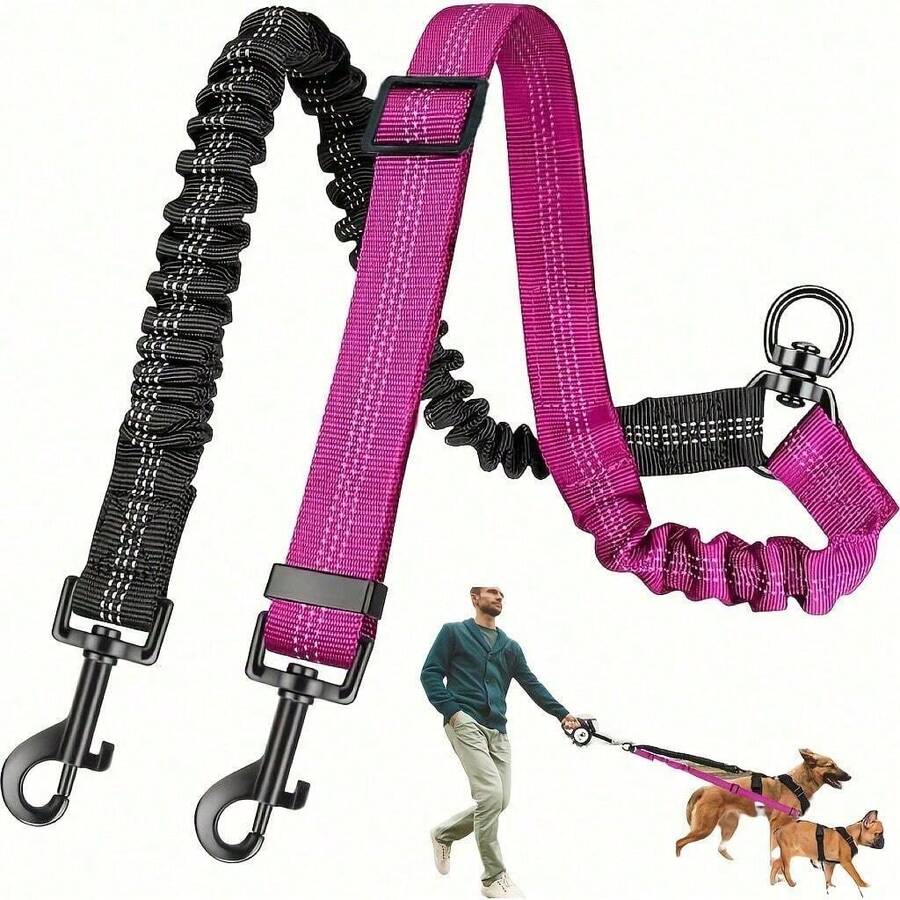 Double Dog Leash - 2-In-1 Double Dog Leash Connector. Cleverly Combines Adjustable Webbing With Shock-Absorbing Elastic Rope, Featuring An Anti-Tangle Design, Suitable For Medium To Large Dogs. Also Suitable For Small Dogs. - View 1