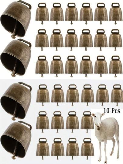 10 pièces Cloches de vache en cuivre/laiton robustes - Cloches de ferme vintage bruyantes avec grelots en métal durable, convenant aux vaches, chevaux, moutons, chèvres, porcs - Idéal pour les fermes, l'usage pastoral, le suivi et la dissuasion des animaux