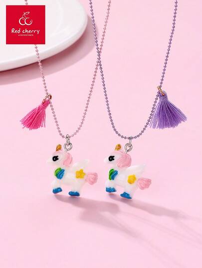 2pcs/Set Children's Fashionable Cute Cartoon BFF Best Friend Resin Heart, Shell, Unicorn Pendant Necklace Set, Suitable For Gift, Daily Wear, Festivals