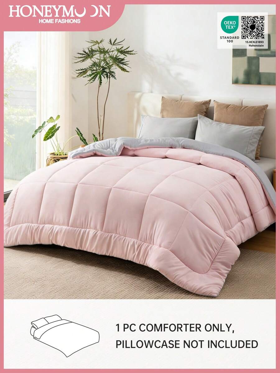 1pc Honeymoon Reversible Quilt With Grid Stitching, Made Of Soft & Breathable Polyester Fleece, Wrinkle-Resistant, Alternative To Down Comforter, Suitable For Home And Dorm, OEKO-TEX Certified, Size T/F/Q/K - Baby Pink - View 1
