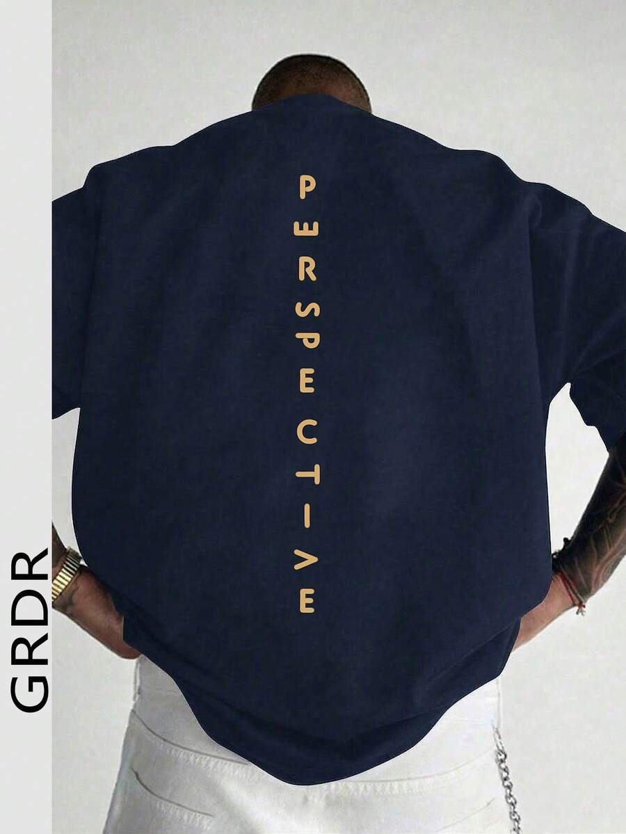GRDR Men's Fashionable Printed Loose Short Sleeve T-Shirt | Exquisite Design | Summer Essential | Easy To Match, Showcasing Your Style - Navy Blue - View 1
