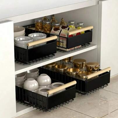 2-Removable Metal Cabinet Basket, Foldable Drawer Basket, Under Sink Cabinet Storage Rack, Kitchen Pantry Countertop, Spice Rack, Condiments, Snacks And Drinks Organizer For Bedroom And Bathroom.