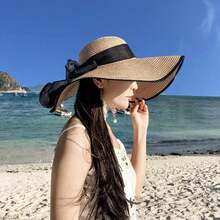 1 pièce Chapeau de paille à large bord avec bordure noire, décoré d'un nœud noir, convient pour la plage, les vacances, la protection solaire extérieure, les jours fériés, les voyages - Chapeau paille grosse vague gaze - Voir 9
