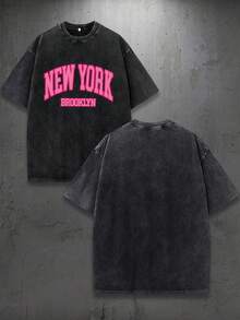 1PIECE T SHIRT ONLY Trus Cotton, Summer Women's Fun Printed Hip-Hop "New York" Personalized Letter Pattern Printed Street , Korean Version Comfortable Retro Fashion Commuting Versatile Y2k Clothing Women's Clothing, Suitable For Outdoor Leisure Short Sleeve,Graphic Tee For Women/Man - màu đen - Xem 2