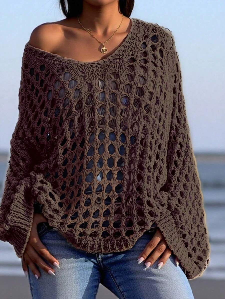 Women's Hollow Out Loose Pullover Sweater, Suitable For Summer Vacation - Brown - View 1