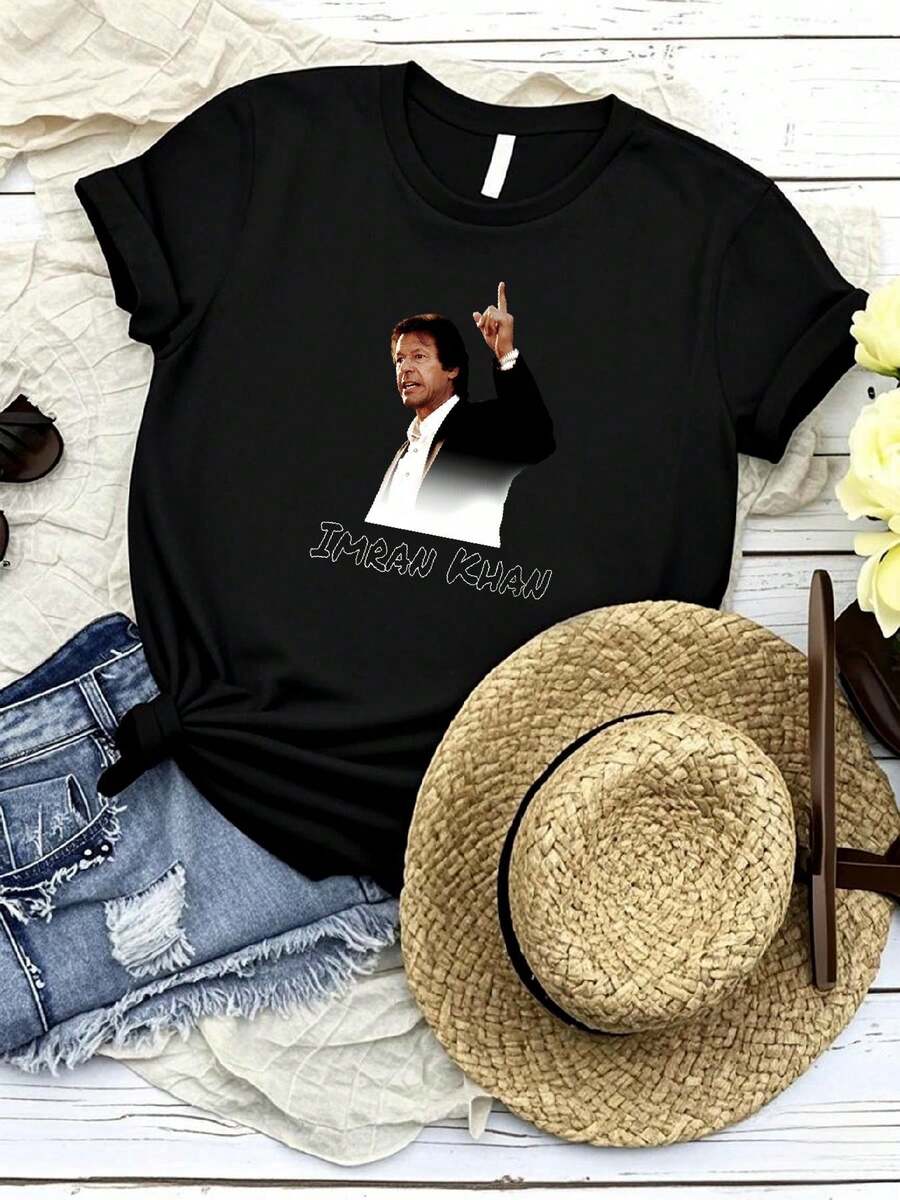 Women's T-Shirt Print Imran Khan Tee T-Shirt Long Sleeves - 黑色 - 查看 1