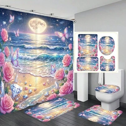 1件/4件套海滩风景、菱形花卉、蝴蝶图案多功能浴室装饰浴帘套装，赠送12个挂钩，营造优雅假日氛围，包含浴室地垫、U型马桶垫和圆形马桶垫，适用于各种浴室场景。