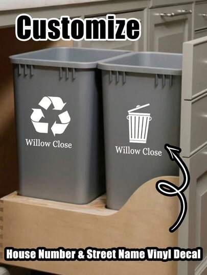 ملصقات سلة المهملات المخصصة - شخصن سلة المهملات الخاصة بك برقم المنزل واسم الشارع، تصميم أفقي للتعرف السهل عليها، محكمة الإغلاق، لاصقة ونظيفة، جودة عالية، تخصيص حديث، شخصي، هدية فريدة مثالية للرجل، المرأة، الصديق، الصديقة، الأب، الأم، العائلة، الأصدقاء، هدية لتدشين المنزل