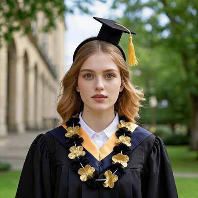 6件毕业照道具，包括5条黑金花朵项链和1个毕业帽发箍，适用于毕业典礼服装表演，包含与校园主题相关的元素。毕业季服装配饰