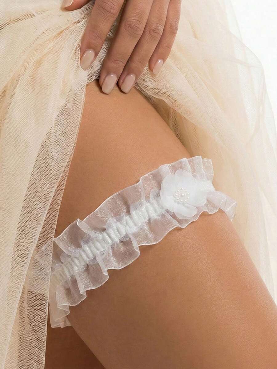 欧美白色蕾丝边腿套，新娘婚纱弹力大腿链，配珍珠花朵，性感 - 白色 - 查看 1