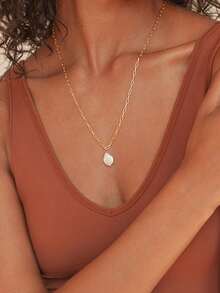 1pc Stainless Steel Women's Necklace, Minimalist Paper Clip Design, Cultured Pearl Pendant, Elegant Wedding Gift Jewelry - Necklace - View 2