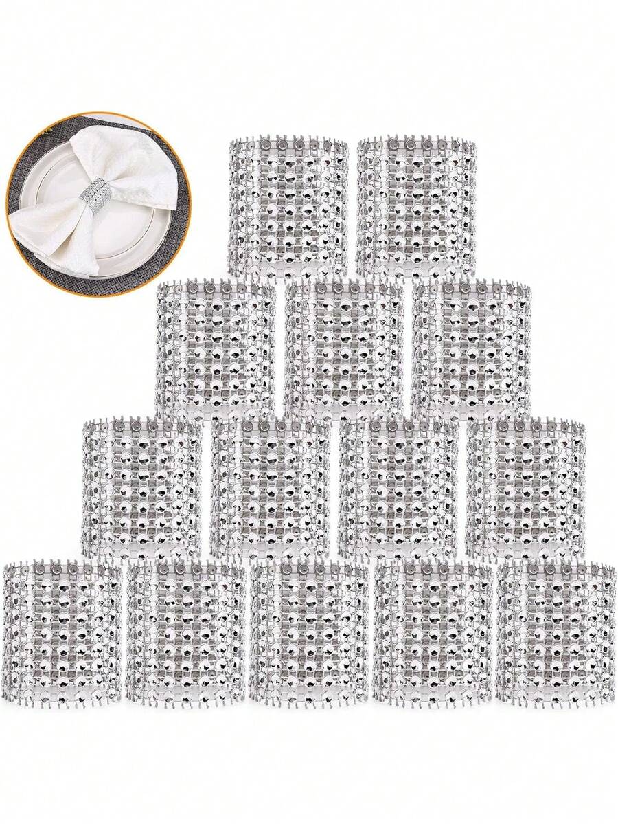 Napkin Rings, Pack Of Napkin Rings Diamond Adornment For Place Settings, Wedding Receptions, Dinner Or Holiday Parties, Family Gatherings - Silver - View 1