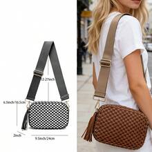 Wide Strap Small Woven Checkered Crossbody Bag For Womenl Cute PU Leather Purses Shoulder Handbags - 黑白格紋 - 查看 8