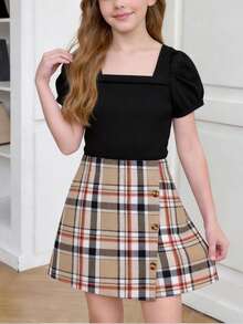 2 件套 8-12 岁女童休闲运动套装，方领泡泡袖 T 恤和格子裙，学院风夏季服装，完美礼物 - 黑色 - 查看 1