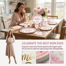 Bộ đồ ăn dùng một lần 81 món với chủ đề bó hoa hồng Ngày của Mẹ bao gồm 20 đĩa ăn tối, 20 đĩa tráng miệng, 20 cốc giấy, 20 khăn ăn và một khăn trải bàn. Bộ đồ ăn tiện dụng này rất phù hợp cho cắm trại, dã ngoại, tiệc nướng ngoài trời, đám cưới và tiệc sinh nhật. - Nhiều màu - Xem 5