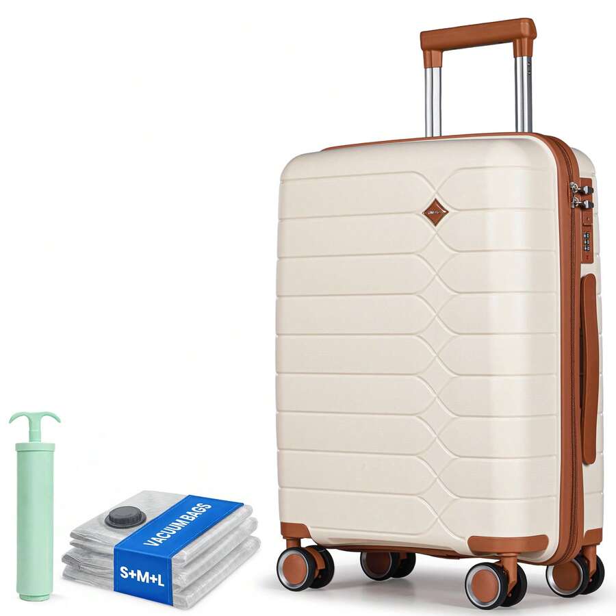 20 Inch Cabin Suitcase 55x40x20cm, PP Hard Shell Lightweight Carry On Luggage With 4 Silent Spinner Wheels & TSA Lock - 米色 - 查看 1