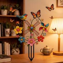 1件梦幻花鸟风车，花园插地装饰，乡村风格，花卉、鸟类和蝴蝶印花，色彩对比鲜明，防水防风雨，户外庭院装饰，适用于花园、草坪、阳台，是理想的节日礼物 - C - 查看 4