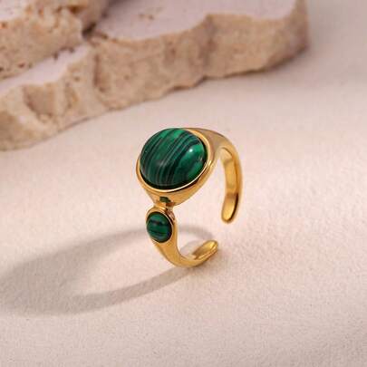 1 pieza Anillo abierto chapado en oro de 18K de acero inoxidable, incrustado con piedra natural verde, estilo bohemio, anillo de moda de alta gama personalizado para mujer, adecuado para uso diario y fiestas, también se puede usar como accesorio de regalo