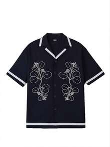 WAIT HIM 男士夏季休闲度假时尚日常通勤植物印花撞色包边短袖衬衫 - 黑色 - 查看 9