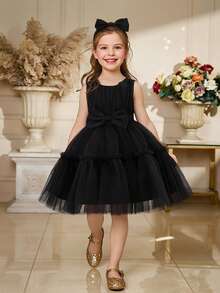 1 pieza Vestido de falda de tul con decoración de lazo de unicolor y diadema para niña, lindo y elegante - Negro - Ver 4
