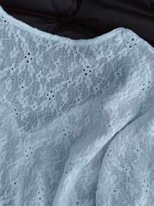 Selcouth 大码女式纯色休闲V领长袖系带衬衫，花卉提花纹理修身长袖上衣，秋季户外春季衬衫 - 淺藍色 - 查看 5