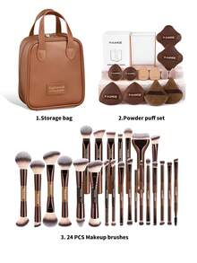 MAANGE 38/6/1件套专业面部化妆工具套装，包含24支专业化妆刷套装、1个化妆包、1个四面收纳桶和12个柔软粉扑套装。化妆刷套装包含粉底刷、腮红刷、散粉刷、眼影刷、高光刷、鼻影刷、修容刷、眉刷、唇刷和睫毛刷。便携式化妆刷套装，旅行化妆刷套装，送给女性和女孩的礼物。 - 巧克力棕 - 查看 5