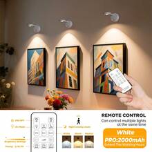 Foco con sensor de movimiento con control remoto, pantalla de acrílico recargable por USB, foco semi-empotrado desmontable, alimentado por batería (batería de litio de 2000mAh), sensor de infrarrojos, brillo y temporizador ajustables, iluminación de pared para obras de arte - Blanco-PRO (2000 mAh) - Ver 6