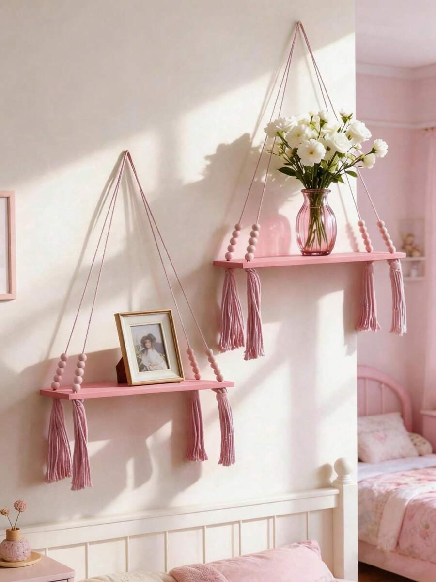 Bộ 1/2 kệ treo macrame màu hồng, kệ treo tường bằng dây tua rua đính hạt, giá trang trí phong cách Boho cho phòng ngủ/phòng khách, kệ đựng đồ treo tường phong cách Bohemian hiện đại, kệ treo tường đa chức năng màu hồng, kệ treo tua rua đính hạt trang nhã. - Nhiều màu - Xem 1