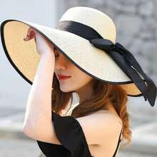 1 pièce Chapeau de paille à large bord avec bordure noire, décoré d'un nœud noir, convient pour la plage, les vacances, la protection solaire extérieure, les jours fériés, les voyages - Chapeau paille grosse vague gaze - Voir 5