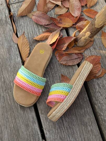 Kids' Fashion Sandals, Girls' Flat Colorful Rope Sandals, New Summer Thick Bottom Open Toe Woven Soft Straw Slippers