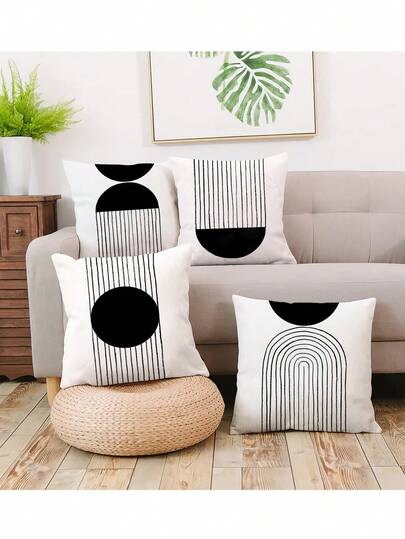 Bộ 4 vỏ gối IcosaMro đen trắng phong cách Bohemian, màu be, họa tiết vòm cung hiện đại kiểu Trung cổ, trang trí hình mặt trời, chất liệu vải lanh (không kèm ruột gối)