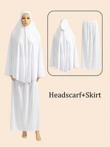 2件組女款純色雙面頭巾與裙子套裝，Khimar；1件純色易穿脫希賈布 + 1件純色鬆緊腰裙 - 彩色 - 查看 11