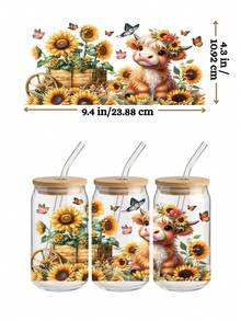 4 件/套 高地牛 UV DTF 转印贴纸（9.4x4.3 英寸），无需加热，向日葵蝴蝶西部农舍风格，可爱小牛图案，防水摩擦贴纸，适用于 16 盎司 Libbey 玻璃杯 DIY 礼品 - Baby Cow 04 - 查看 3