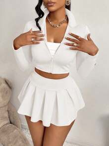 Women's 2-Piece Set, Slimming Top And Girly Style Safety Pants/Skirt, Suitable Sports, Daily Life, Tennis, Casual Elegant Zipper Pleated Design, Autumn/Winter - 白色 - 查看 5