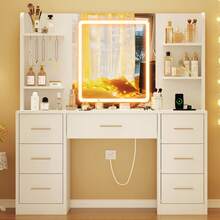 Large Vanity Desk With LED Lighted Mirror & Power Outlet,Makeup Vanity Table With 7 Drawers,4 Shelves And 5 Hooks,Vanity Table, Vanity Desk Set For Bedroom,Bathroom,White - White 7 Drawers With Led Lighted Mirror - 查看 1