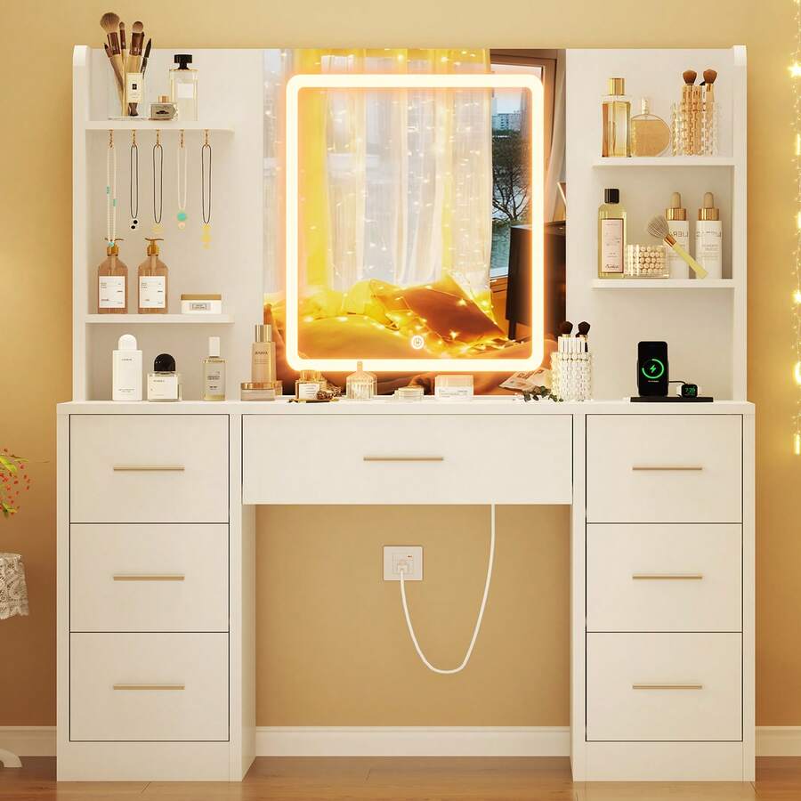 Large Vanity Desk With LED Lighted Mirror & Power Outlet,Makeup Vanity Table With 7 Drawers,4 Shelves And 5 Hooks,Vanity Table, Vanity Desk Set For Bedroom,Bathroom,White - White 7 Drawers With Led Lighted Mirror - 查看 1