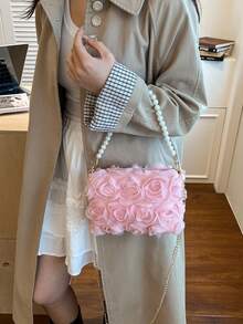 優雅玫瑰晚宴手拿包 女款正式派對包 溫柔甜美女孩單肩包 純色水桶包 新娘包 - 粉色 - 查看 5
