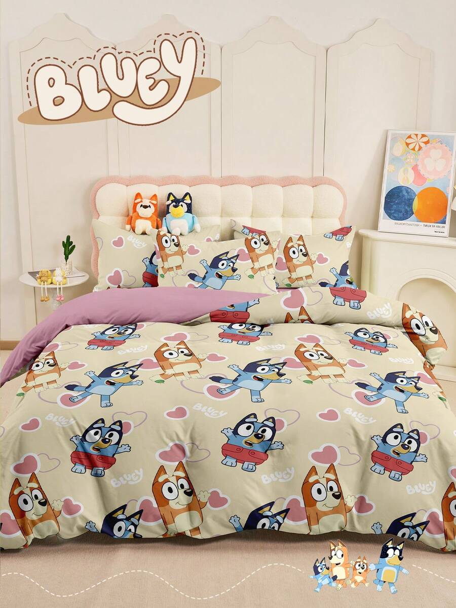 Bluey 2/3pcs Bedding Set, Soft Anti-Pilling Duvet Cover Set, Cartoon Pattern Duvet Cover Set, Suitable For Double Bed, Full Size, King Size, Queen Size, All Season Use, Fashionable & Cute Bedding Set For Bedroom & Dorm, Machine Washable, Spring/Summer Decor, New Spring/Summer Collection - Multicolor - View 1