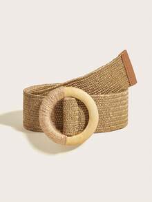 Wide Straw Woven Belt For Women, Wooden Buckle Waist Band, Beige, Casual Chic For Spring/Summer Outings, Daily Wear, Vacation, Versatile Dress Accessory - Khaki - View 1