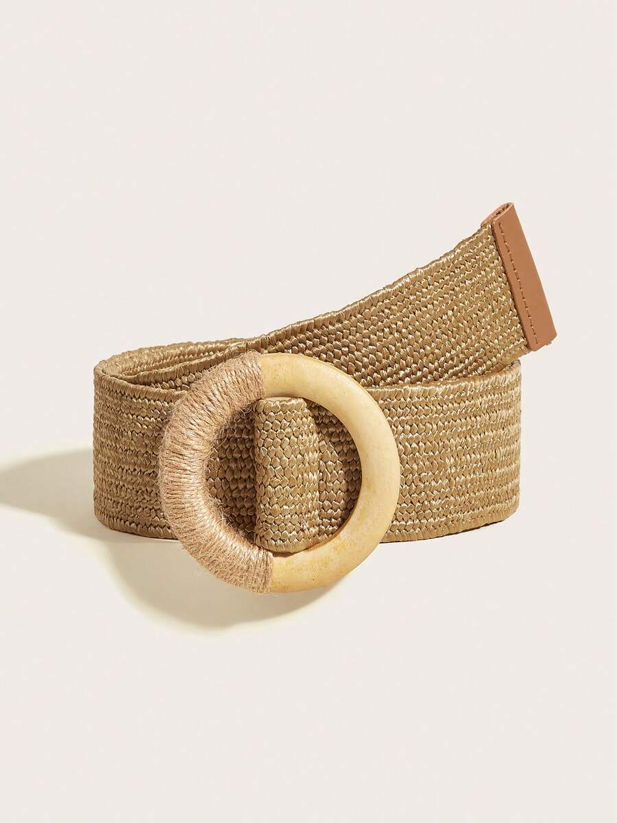 Wide Straw Woven Belt For Women, Wooden Buckle Waist Band, Beige, Casual Chic For Spring/Summer Outings, Daily Wear, Vacation, Versatile Dress Accessory - Khaki - View 1