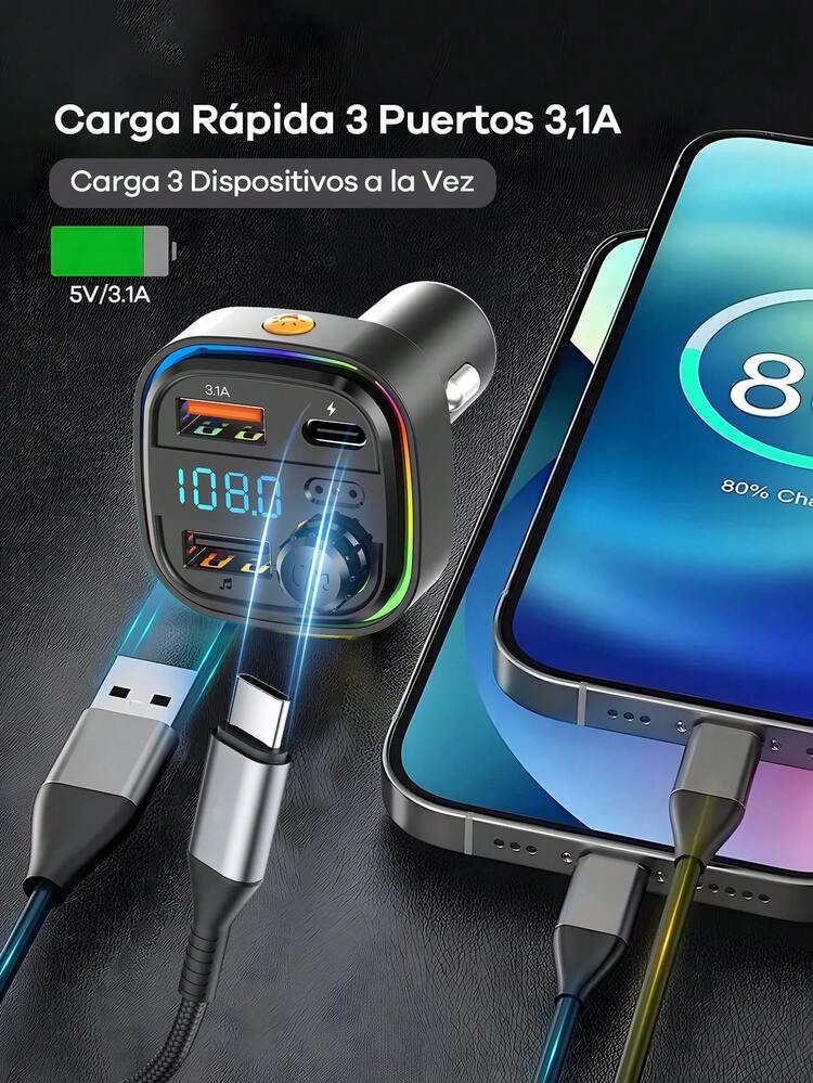 REMAX Cargador de coche Bluetooth con luz ambiente RGB; Carga rápida de 3 puertos; Cargador USB-C; Micrófono incorporado para música/llamadas/navegación; Reconexión automática Bluetooth 5.3; Modo dual Bluetooth/USB; Accesorio esencial para el automóvil - C26 - Añade 3