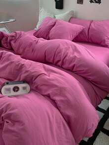 Bộ 3 món ga trải giường bằng polyester mềm mại, phối màu xanh dương và trắng. - Màu Hồng Tươi - Xem 6