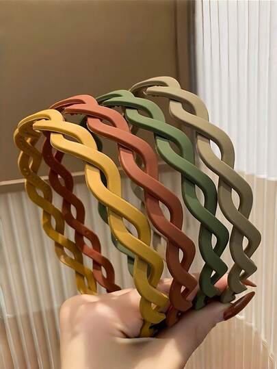 4件套女孩简约纯色交叉波浪发带，防滑发饰，日常使用