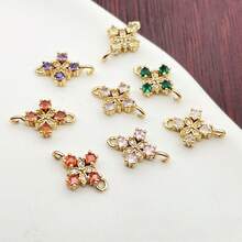 5/10颗铜镀金立方氧化锆方形四瓣花吊坠 - 适用于DIY珠宝制作、项链、手链、耳环、包包链 - 彩色 - 查看 4