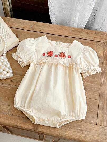Baby Girl Embroidered Short Sleeve Romper, Sweet Lace Bodysuit For Summer